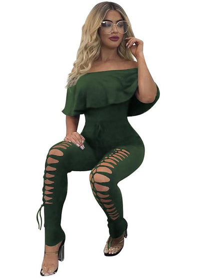 Off-The-Shoulder Lotus Leaf Sleeves Solid Sexy Jumpsuit