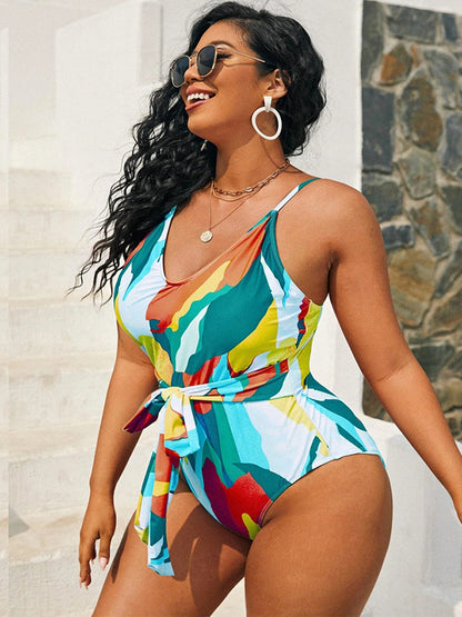 Printed Lace-Up One-Piece Swimsuit