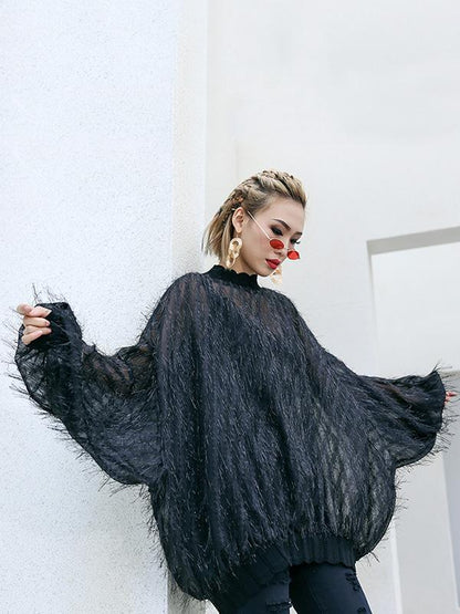 Fuzzy Tasseled See-through Batwing Sleeves Shirt Top