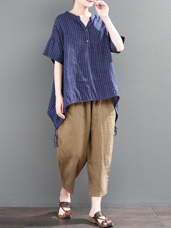 Loose Striped T-shirt + Solid Casual Pants Suits