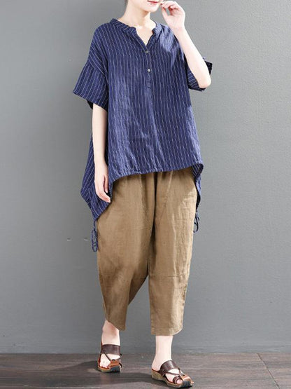 Loose Striped T-shirt + Solid Casual Pants Suits