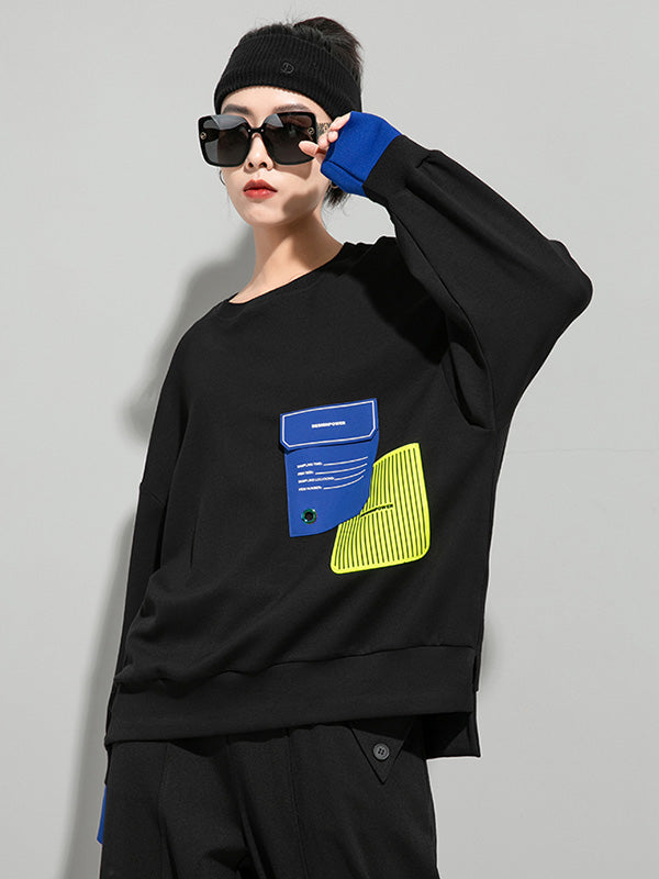 Casual Cool Contrast Color Split-Joint Letter Printed Round-Neck Long Sleeves Sweatshirts