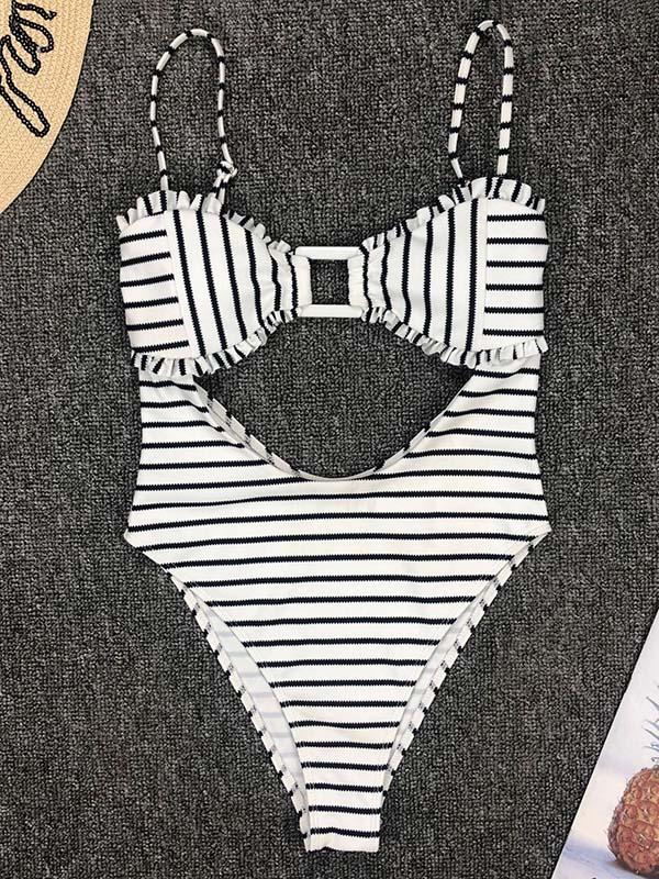 Stripes-Print Hollow One-Piece Swimwear