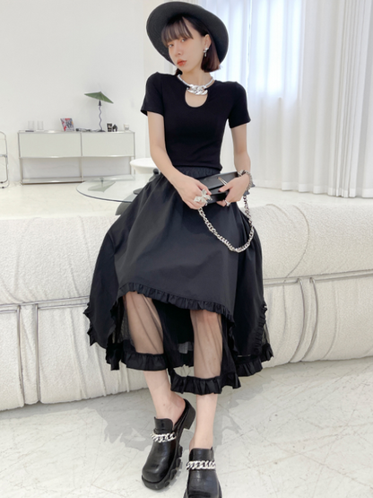 Stylish Black Split-Joint Gauze High Waisted A-Line Skirts
