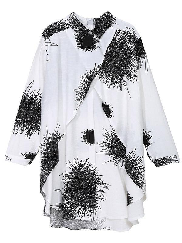 Black&White Long Sleeve Loose Blouse Cropped Printed Shirt