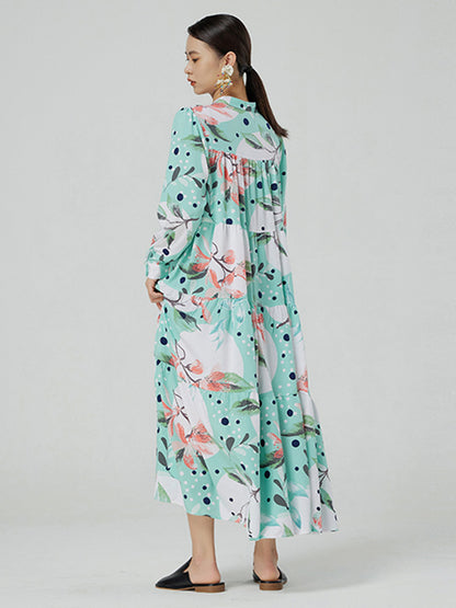 Stylish Buttoned Printed Loose Long Sleeves Midi Dress