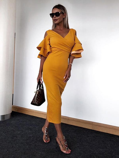 Simple 3 Colors V-neck Midi Dress