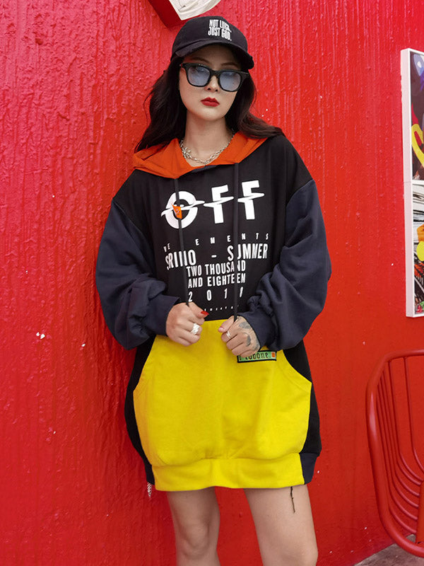 Original Split-Joint Contrast Color Letter Printed Batwing Sleeve Drawstring Hoodies