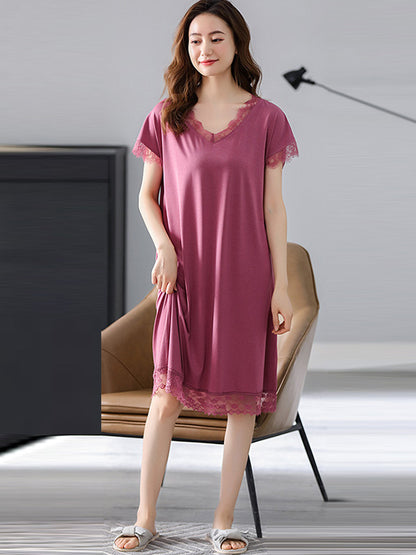 Comfortable Solid Lace Split-Joint  Round-Neck Pajama Dress
