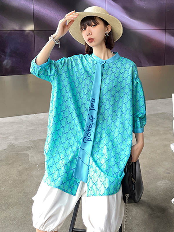 Stylish Split-Joint Printed Stand Collar Tie Short Sleeves Blouses