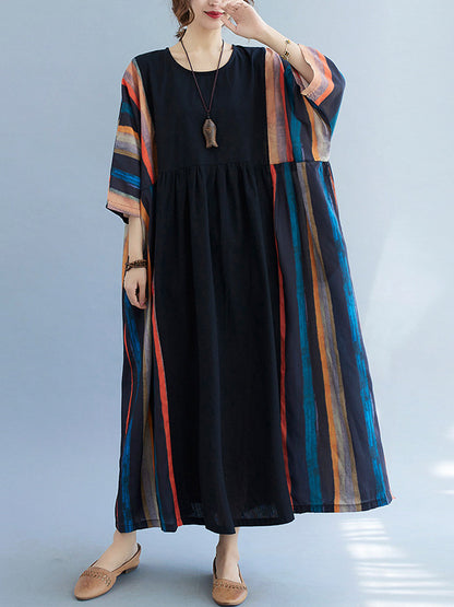 Vintage Split-Joint Round-Neck Loose Batwing Sleeve Midi Dress