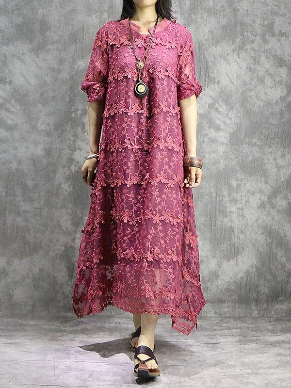 Loose Solid Hollow Flower Embroidered Maxi Dresses