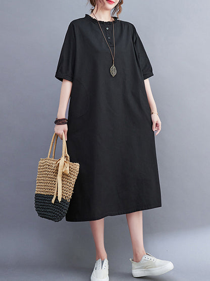 Simple Casual Artistic Retro Loose Solid Color Falbala Ramie Cotton Midi Dress
