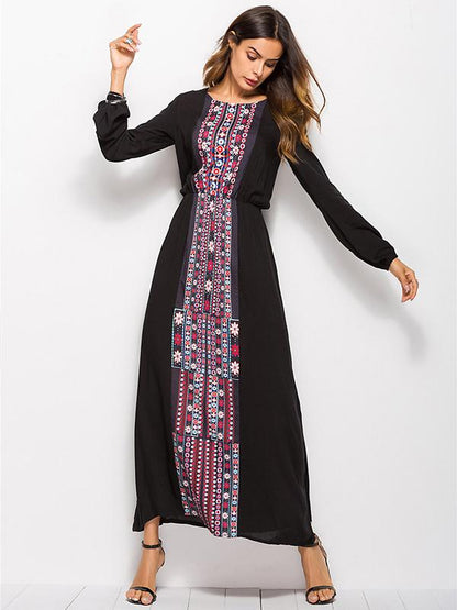 Round-neck Long Sleeves Printed Maxi Dress
