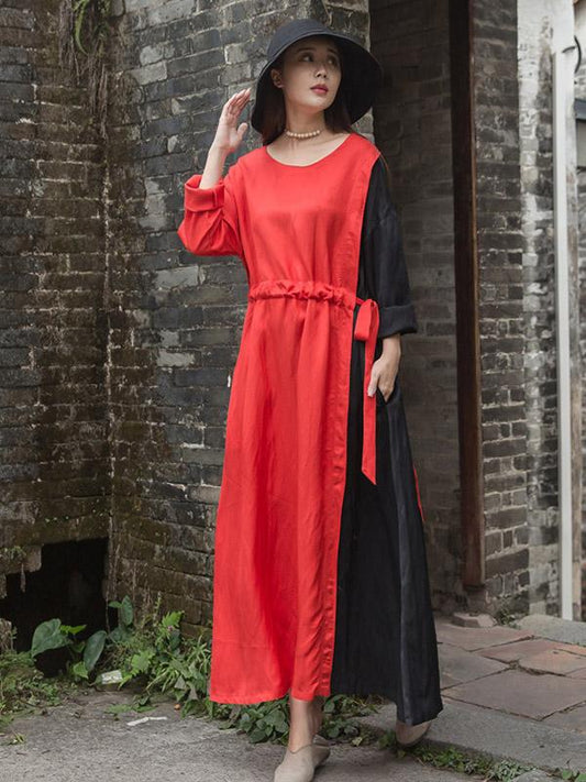 Color Blocking Tencel Linen Round-neck Long Dress