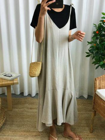 Cropped Loose Ramie Cotton Spaghetti-neck Midi Dresses