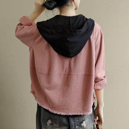 Buykud Natural Burr Hem Pure Color Hooded Coat