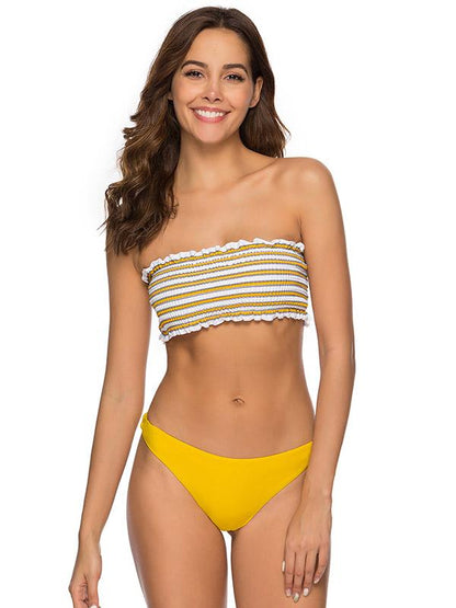 Strapless Draped Striped Top With Solid Panty Bikini Set