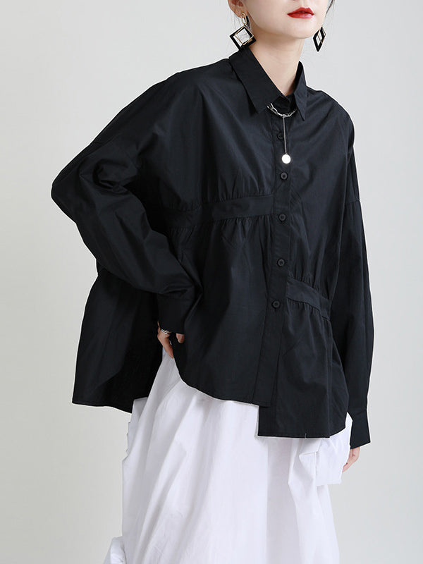 Original Irregular Solid Color Split-Joint Pleated Buttoned Lapel Collar Long Sleeves Blouse