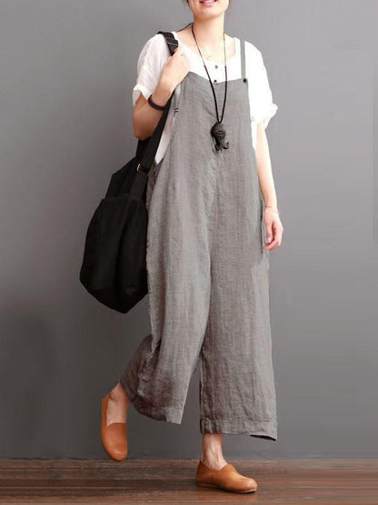Gray Linen Wide Leg Loose Jumpsuits