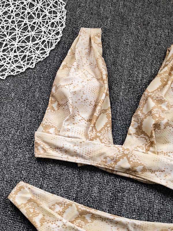 Snake-Print Bandage Split Bikini Swimsuit