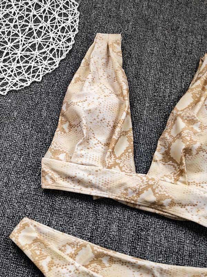 Snake-Print Bandage Split Bikini Swimsuit