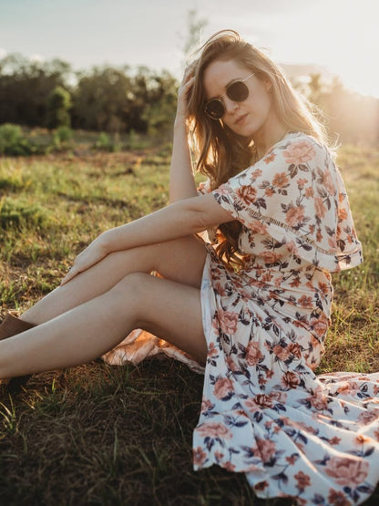 Floral Falbala Sleeves Maxi Dress