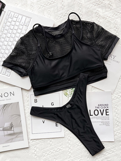 Hollow Black Bikini Swimsuit Three Pieces Set
