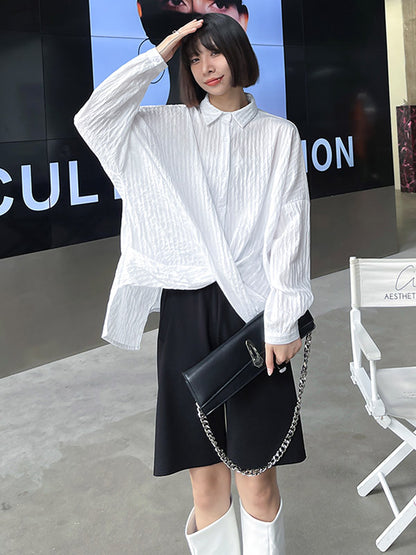 Casual Irregular Solid Color Buttoned Lapel Collar Long Sleeves Blouse