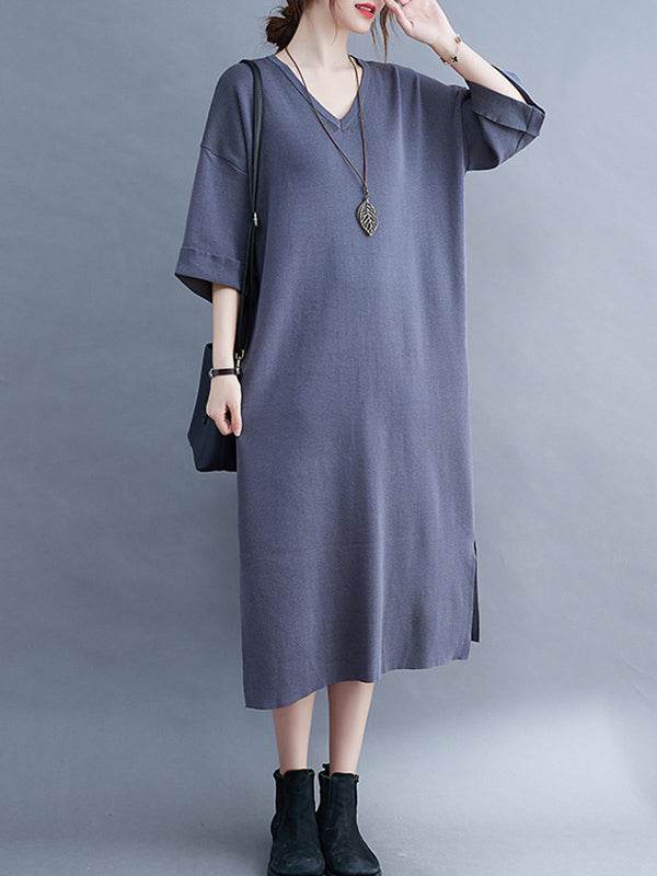 Urban Solid Color V-Neck Split-Side Knitting H-Line Sweater Dress