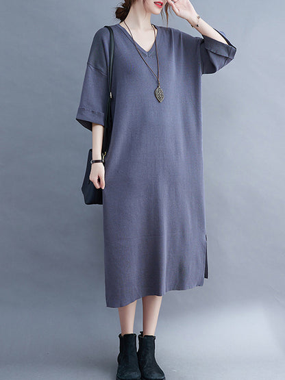 Urban Solid Color V-Neck Split-Side Knitting H-Line Sweater Dress