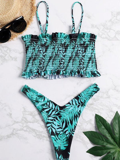 Smocked Printed Bikini Swimsuit