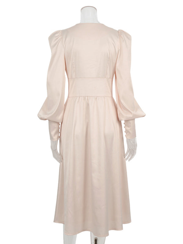 Urban Buttoned Split-Front High Waisted Puff Sleeve A-Line Midi Dress
