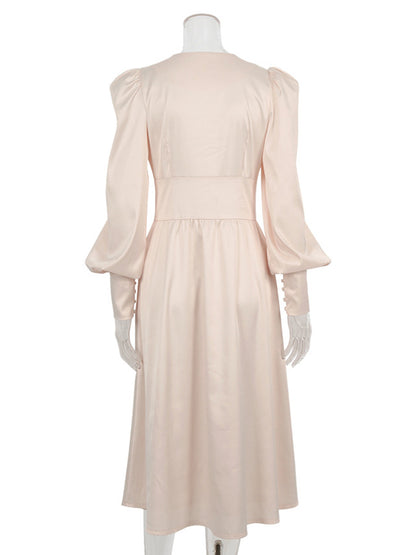 Urban Buttoned Split-Front High Waisted Puff Sleeve A-Line Midi Dress