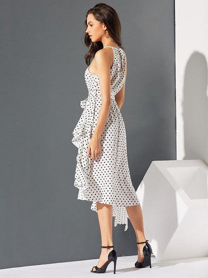 Polka-Dot  Printed  Irregular Hem  Sleeveless Midi Dress