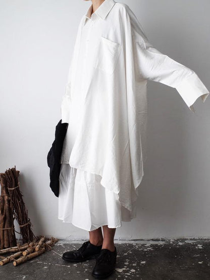 Urban Loose White Lapel Long Blouse
