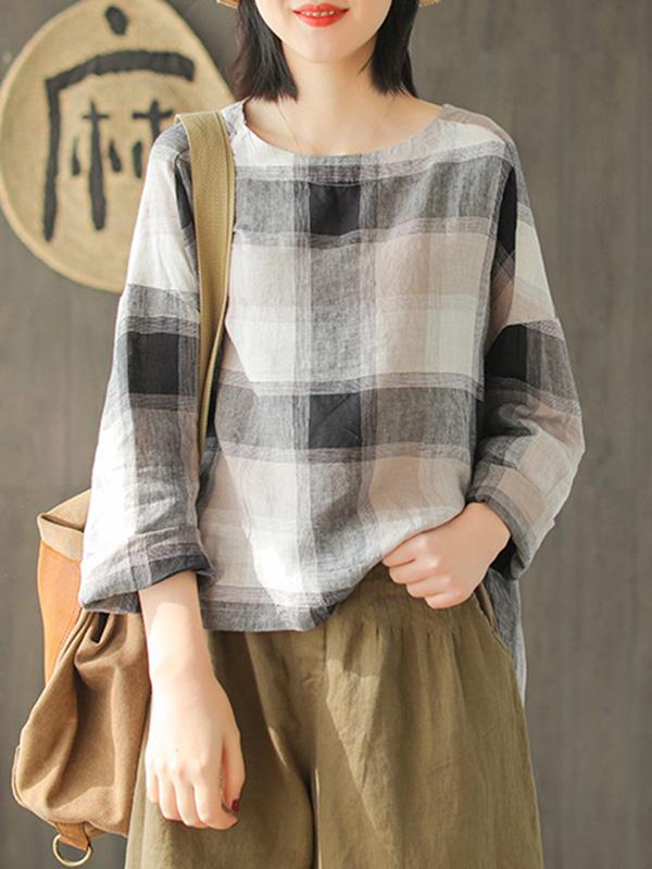 Ramie Cotton Plaid High-low Loose Fresh Shirt Top