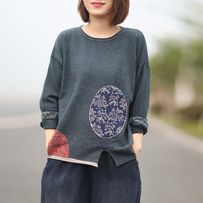 Buykud Retro Casual Pattern Printed Loose Knitted Shirt