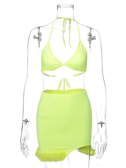 Bandage Sports Bra and Fringed Cropped Skirt Suits