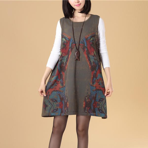 Autumn Women Round Neck Sleeveless Colorful Printing Sweater Dress