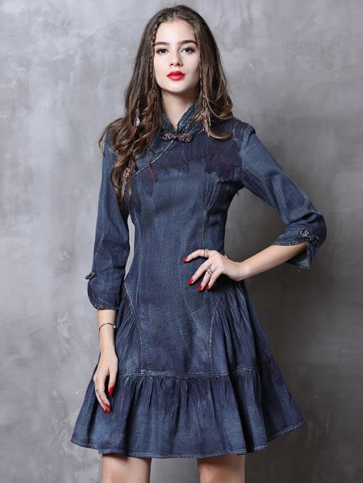 Vintage Falbala Short Cheongsams Denim Dress