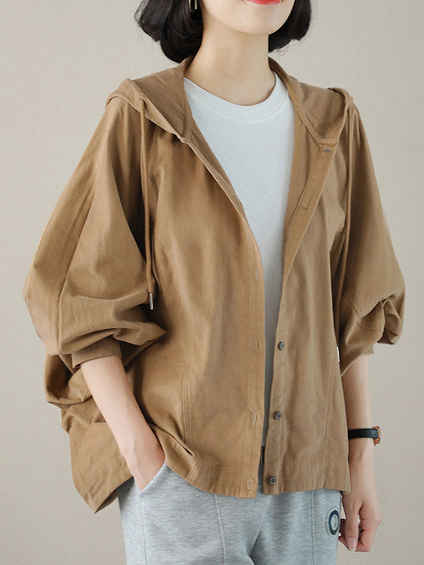 Casual Buttoned Drawstring Solid Color Batwing Sleeve Outerwear