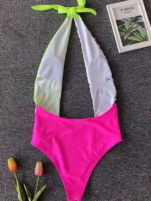 Leopard Print Split-Joint Hanging Neck One-Piece Swimwear