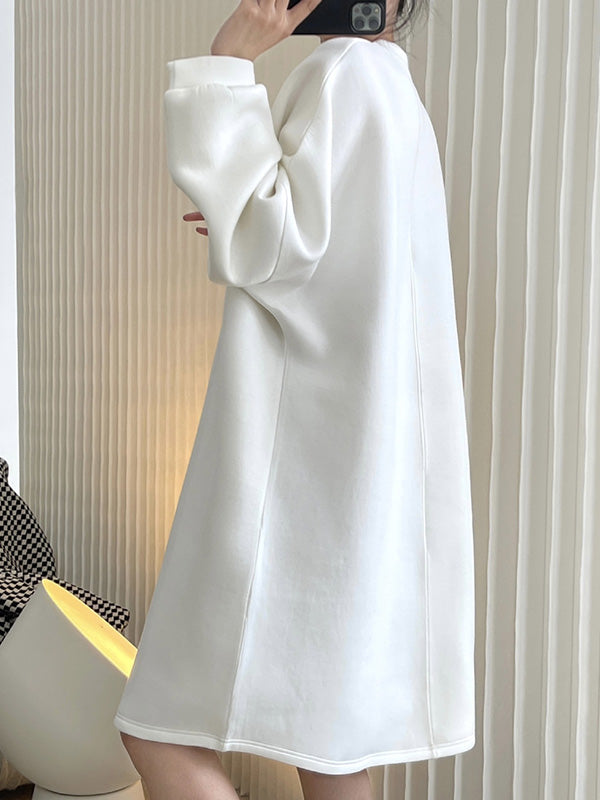Simple Loose Solid Color Split-Joint Round-Neck Long Sleeves Midi Dress