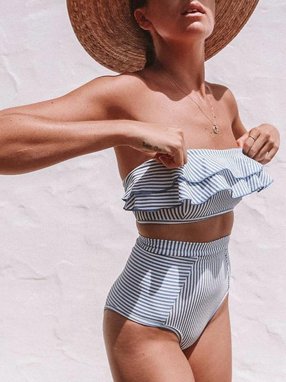 Striped Ruffled With High Waist Bikini Set