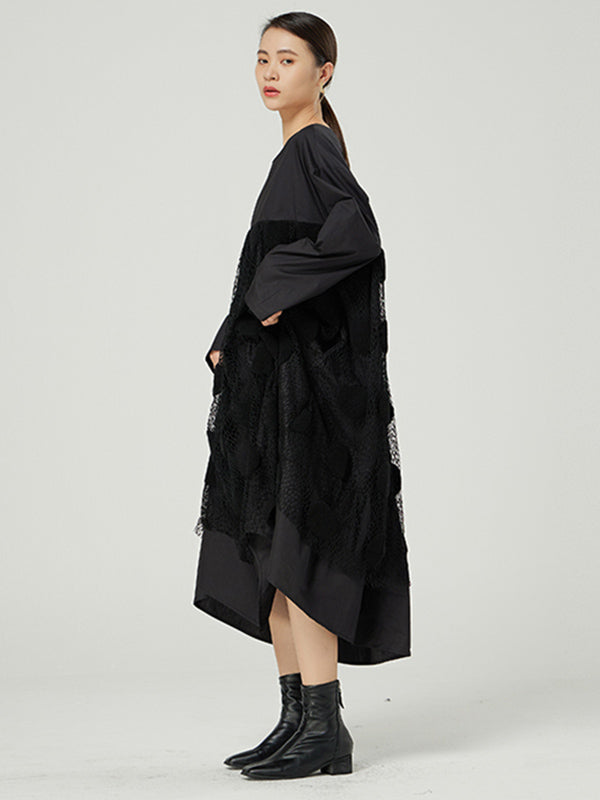 Original Split-Joint Round-Neck Long Sleeves Lace Midi Dress