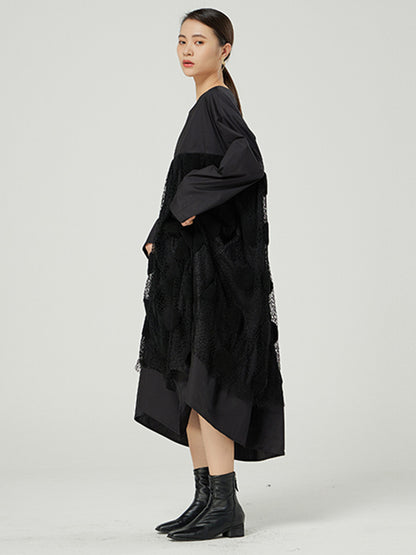 Original Split-Joint Round-Neck Long Sleeves Lace Midi Dress