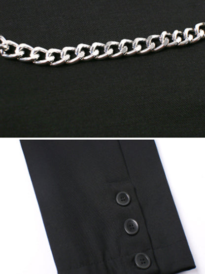 Cool Solid Color Split-Joint With Chain Round-Neck Long Sleeves T-Shirt