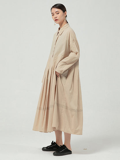 Casual Solid Color Buttoned Pleated Lapel Collar Long Sleeves Midi Dress