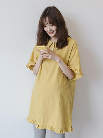 Maternity Solid Ruffled Short Sleeves Lapel Midi Dress